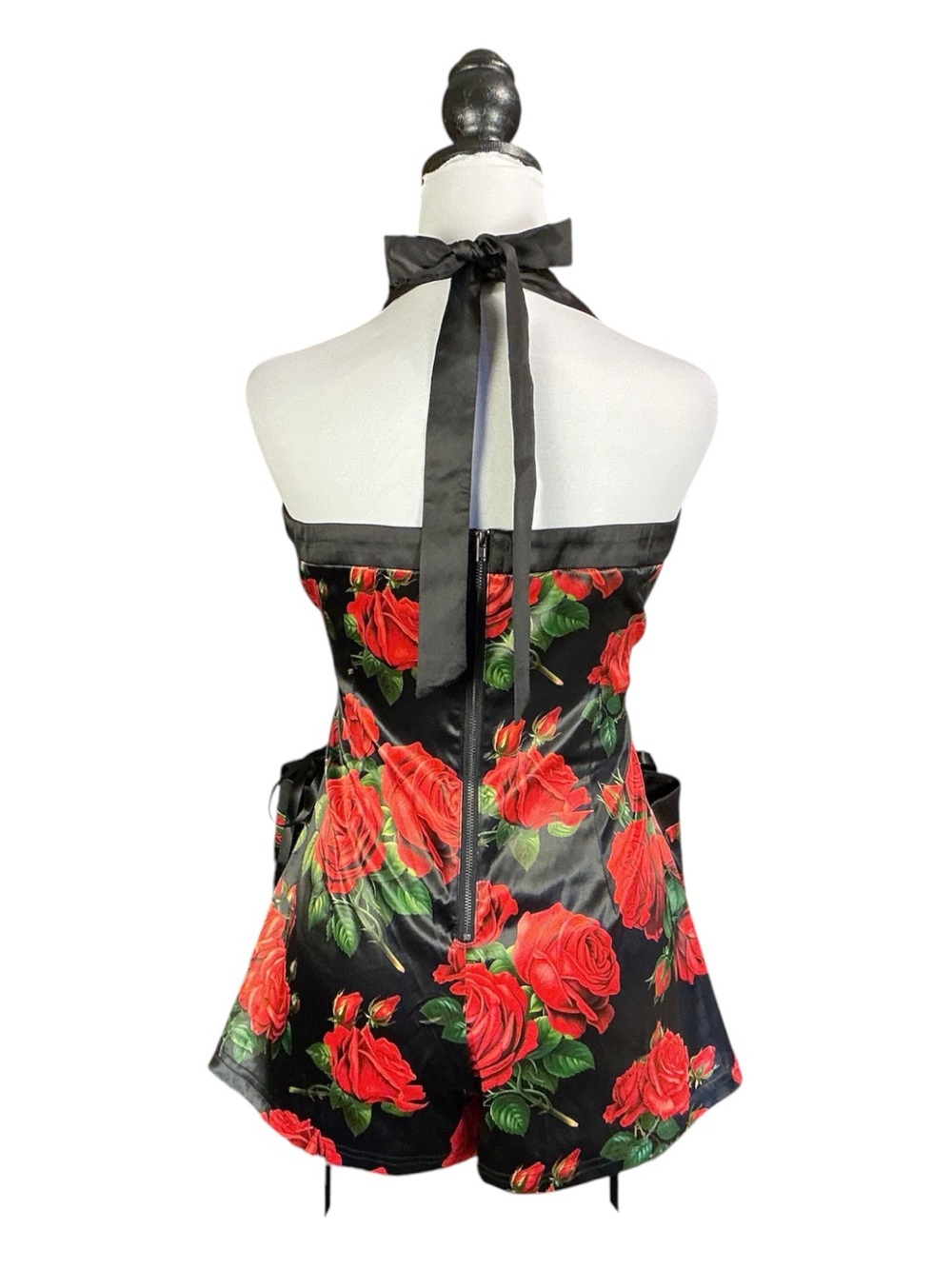 Dolls Kill Sugar Thrillz Romper Black Red Rose Floral Corset Halter Goth L NWOT - Picture 4 of 10